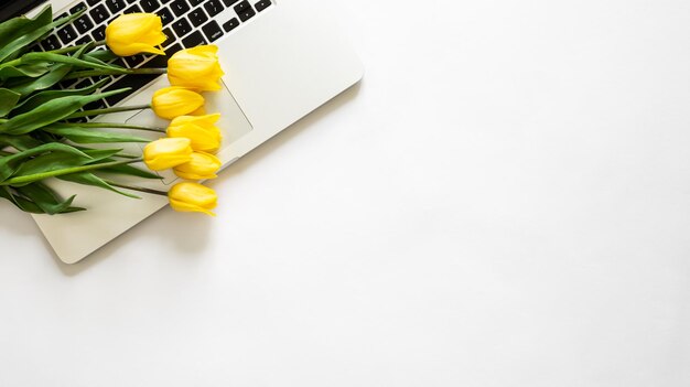 Photo gratuite bouquet de tulipes jaunes et un ordinateur portable sur fond blanc vue de dessus isolée