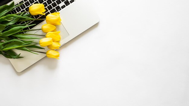 Bouquet de tulipes jaunes et un ordinateur portable sur fond blanc vue de dessus isolée