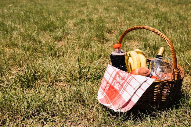 Une bouteille de champagne; verres à vin; bouteille de jus; fruits et serviette de table en osier sur l&#39;herbe verte