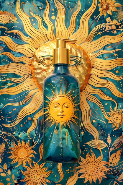 Photo gratuite bouteille cosmétique avec un fond en relief solaire inspiré de l'art nouveau de luxe