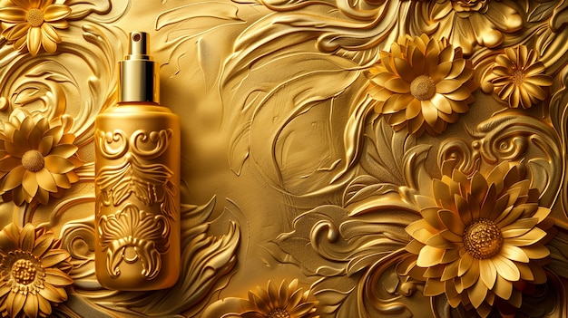 Bouteille cosmétique avec un fond en relief solaire inspiré de l'art nouveau de luxe