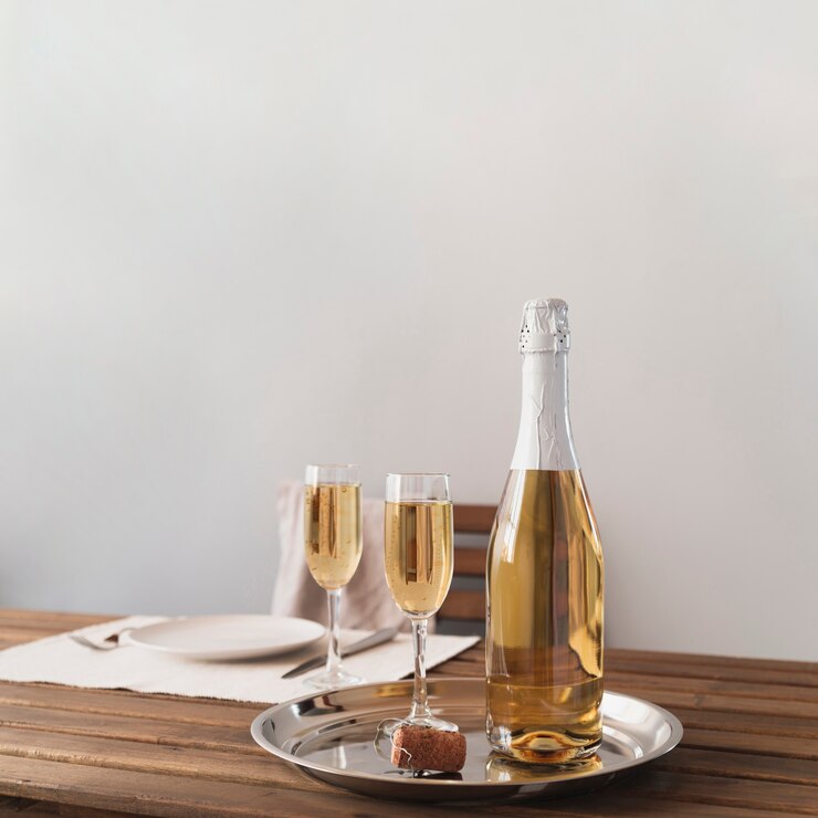 Photo gratuit bouteille avec des coupes à champagne sur un plateau