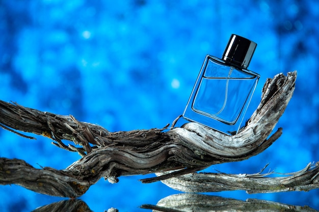 Bouteille d'eau de Cologne pour hommes vue de face sur une branche d'arbre pourrie sur fond bleu