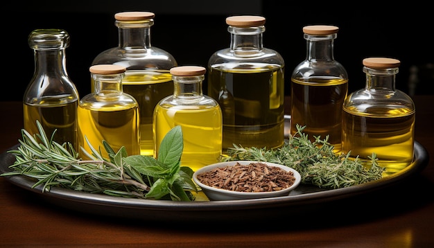 Bouteille d'huile d'olive fraîche et saine infusée d'herbes aromatiques générées par l'intelligence artificielle