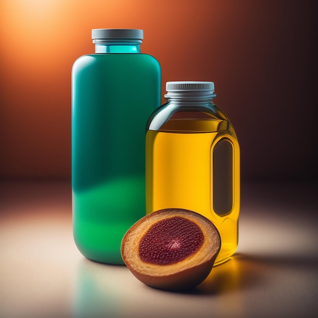 Une bouteille de liquide à côté d'un pot d'huile et un pot d'huile.