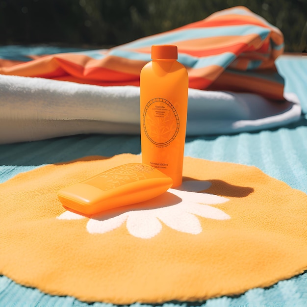 Photo gratuite bouteille de lotion solaire sur une serviette de plage concept de protection solaire