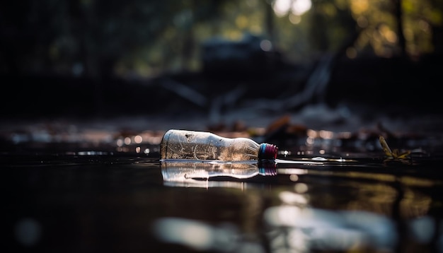 Photo gratuite une bouteille en plastique sale pollue l'eau rafraîchissante de la nature générée par l'ia