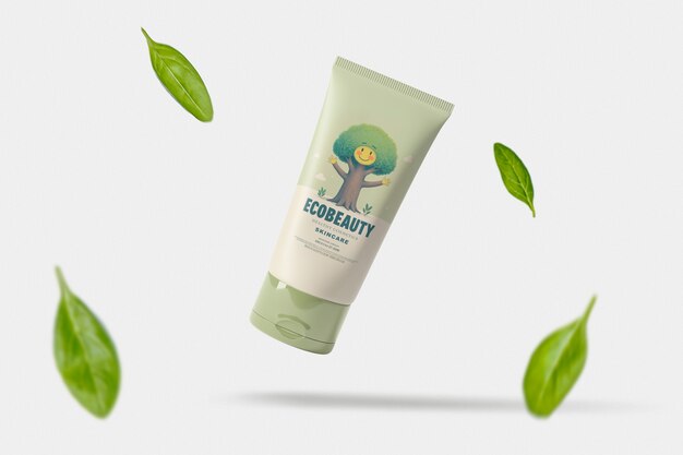 Bouteille de produit de soin de la peau avec des feuilles