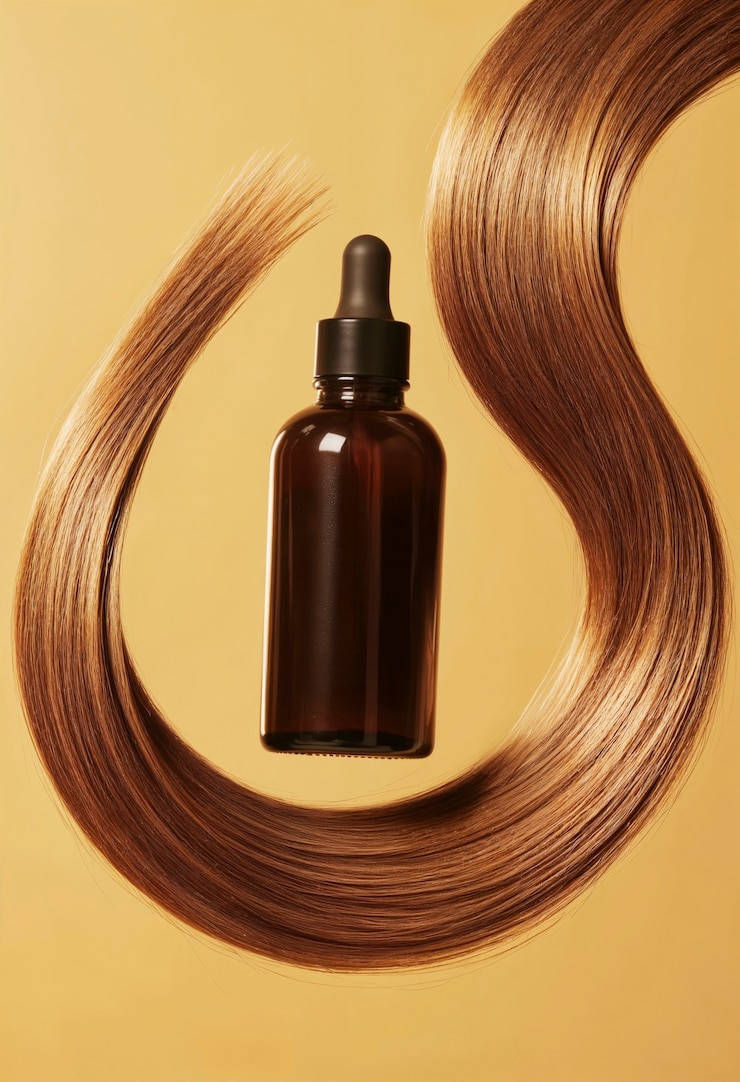 Photo gratuit bouteille de sérum pour les cheveux avec des cheveux bruns