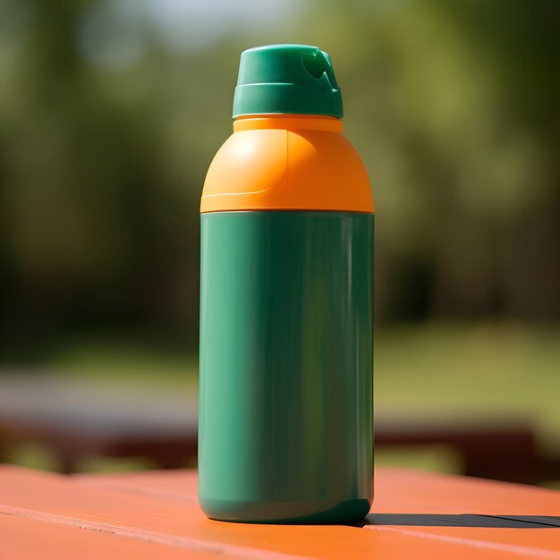 Photo gratuite bouteille de shake protéiné sur la table orange dans le parc