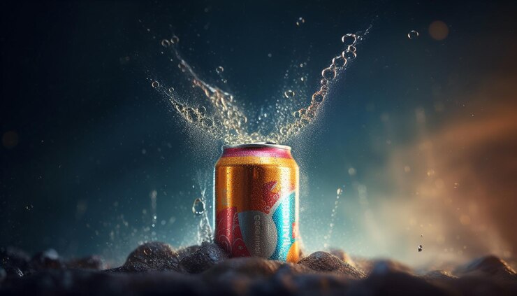 Photo gratuit bouteille de soda rafraîchissante sur une vague liquide bleue générée par l'ia