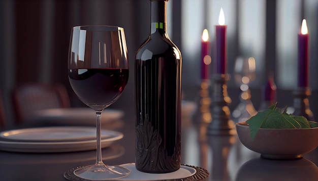 Bouteille de vin de luxe et verre sur table IA générative