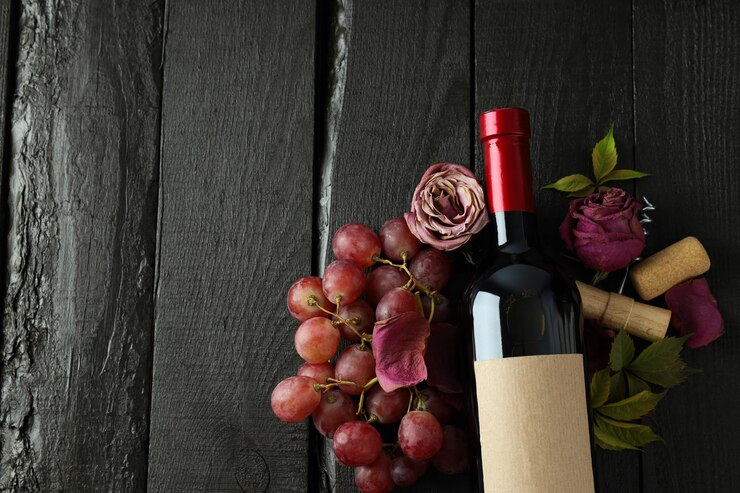 Photo gratuit une bouteille de vin sur une table en bois sombre avec des fleurs