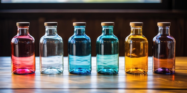 Photo gratuite bouteilles d'eau claire avec des bouchons vibrants sur une table en bois