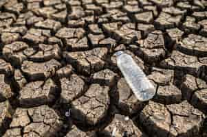 Photo gratuite bouteilles d'eau sur sol sec, sol sec et craquelé, réchauffement climatique