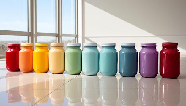 Photo gratuite bouteilles en verre multicolores sur table, boissons fraîches et saines générées par l'intelligence artificielle