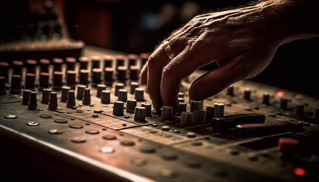 Photo gratuite bouton coulissant à la main sur le mélangeur dans les performances de la discothèque générées par l'ia