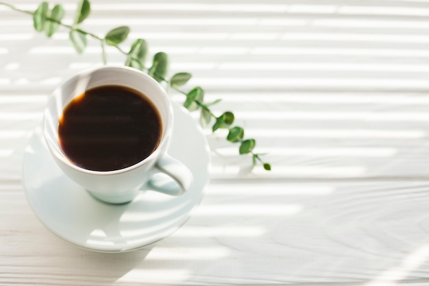 Branche d&#39;eucalyptus vert et savoureuse tasse de café sur un bureau en bois blanc