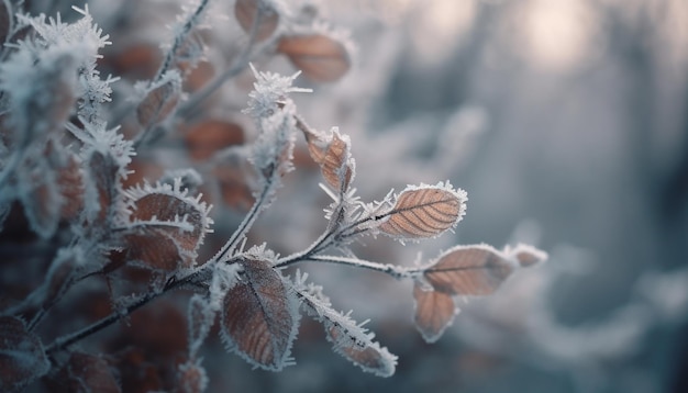 Branche givrée dans la forêt d'hiver gros plan macro générée par l'IA