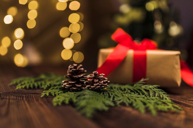 Branche de sapin avec accroc près d&#39;une boîte cadeau avec un arc rouge à bord