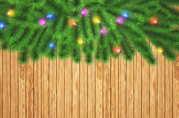 Branches d'arbres de Noël 3D avec des lumières sur un fond de texture en bois