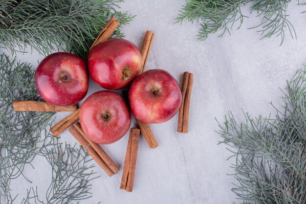 Des branches de cyprès, des bâtons de cannelle et des pommes se regroupent sur fond blanc.