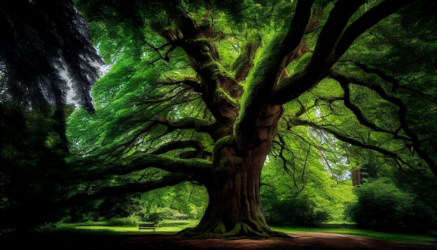 Photo gratuite les branches et les feuilles des arbres brillent à la lumière du soleil à l'extérieur générées par l'ia