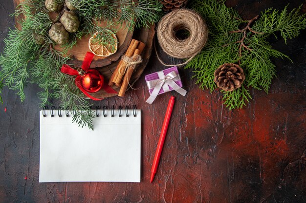 Photo gratuite branches de sapin et cahier à spirale fermé avec stylo boule de corde cannelle limes sur fond sombre