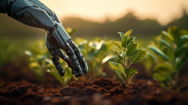 Un bras de robot plantant un arbre dans un champ vert