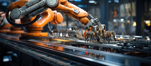 Photo gratuite bras robotisés industriels intelligents pour la technologie de production en usine numérique montrant le processus de fabrication automatisé de l'industrie 40 ou 4ème révolution industrielle et un logiciel iot pour contrôler le fonctionnement