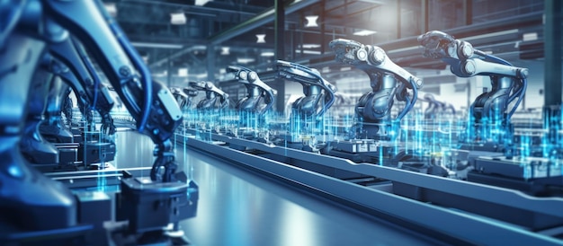 Photo gratuite des bras de robots industriels intelligents démontrant des processus de fabrication automatisés indiquant l'industrie 40 et la technologie logicielle iot