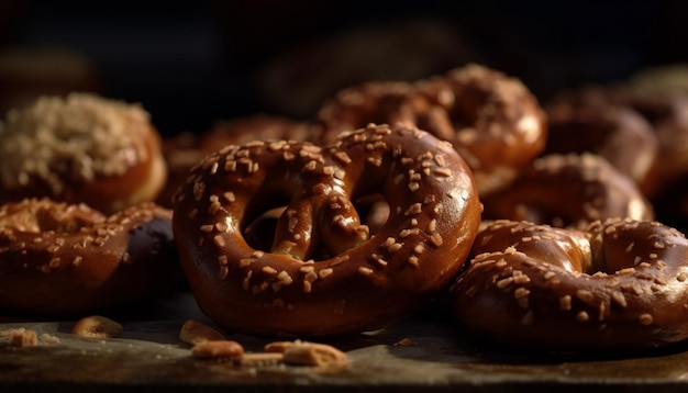 Photo gratuite bretzels gastronomiques frais empilés sur une table rustique générée par l'ia