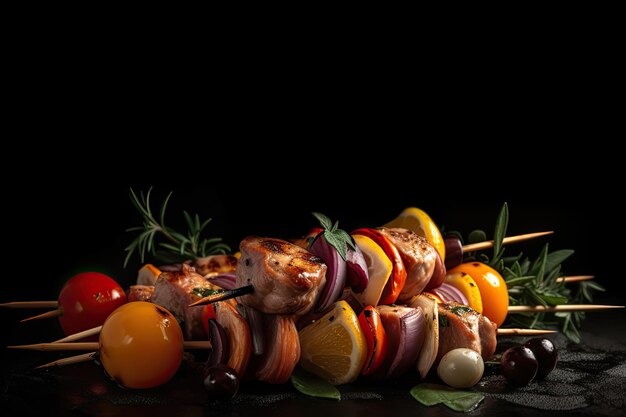 Brochette de viande aux légumes sur fond noirAi générative