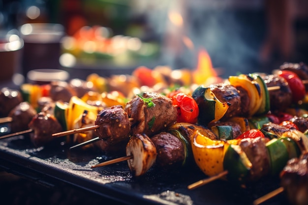 Des brochettes de barbecue, de la viande et des légumes cuits sur des grilles