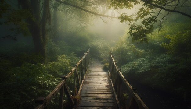 Un brouillard mystérieux enveloppe un pont abandonné à l'aube généré par l'IA