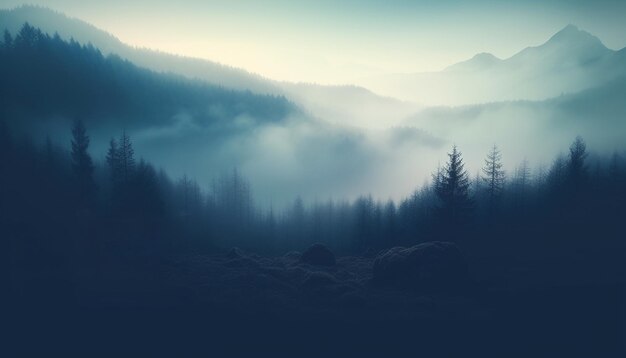 Un brouillard mystérieux enveloppe une scène tranquille d'aventure en pleine nature générée par l'IA