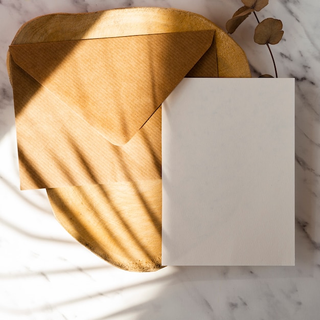 Bûche En Bois Et Branche Avec Une Enveloppe Brune Et Un Blanc Sur Fond De Marbre Avec Des Ombres De Feuilles