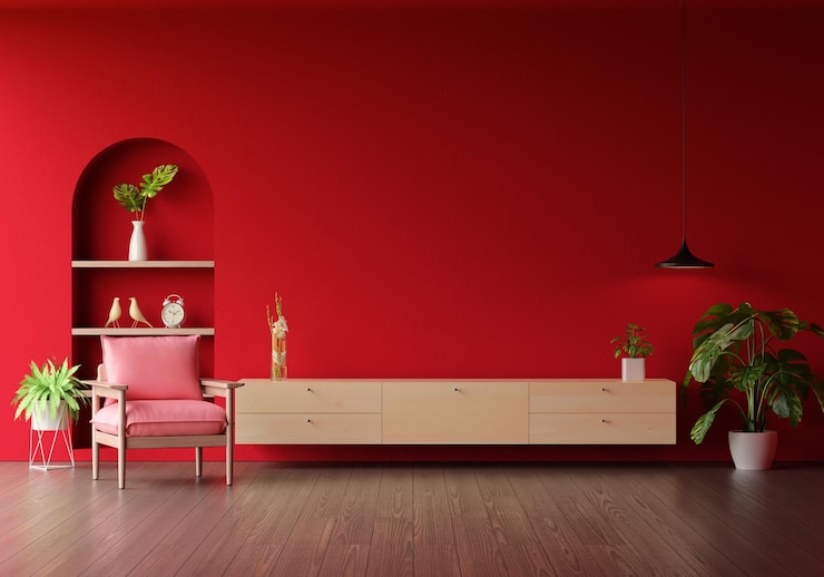 Photo gratuit buffet en bois dans le salon rouge avec espace de copie