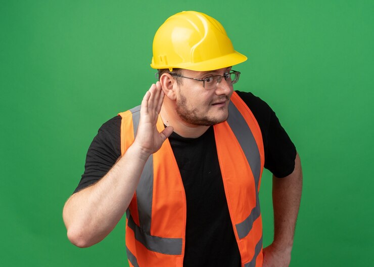 Photo gratuit builder man in construction gilet et casque de sécurité tenant la main sur l'oreille essayant d'écouter à l'air intrigué