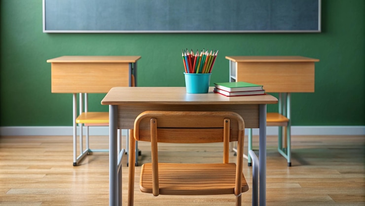 Photo gratuit un bureau de classe vide avec des livres et des crayons.