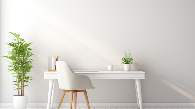 Photo gratuite un bureau à domicile minimaliste avec un bureau blanc, une plante verte et beaucoup de lumière naturelle