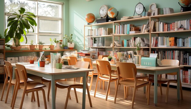 Bureau à domicile moderne avec chaise de table bibliothèque et ordinateur généré par l'intelligence artificielle