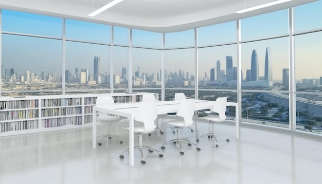 Bureau moderne avec vue panoramique sur le paysage urbain, chaises et tables vides générées par l'IA
