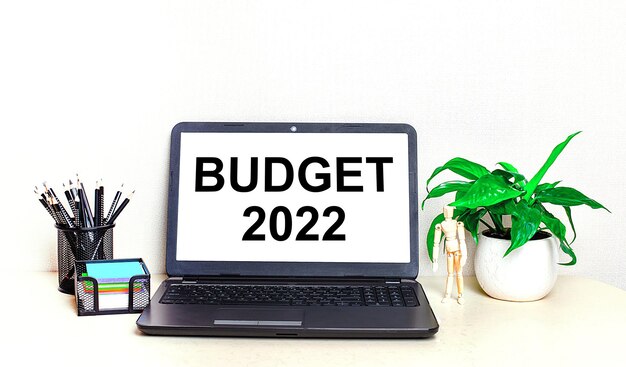 Sur le bureau se trouvent une plante en pot, de la papeterie et un ordinateur portable ouvert avec le texte budget 2022 à l'écran. bureau à domicile.