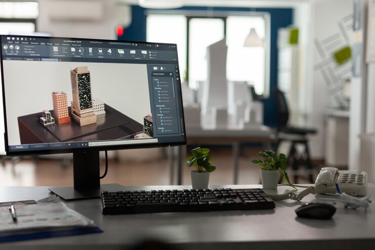 Photo gratuit bureau vide pour architectes avec ordinateur sur le bureau