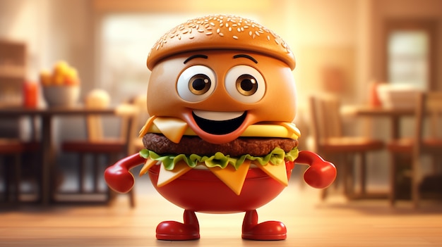 Burger 3D avec des caractéristiques de personnage de dessin animé