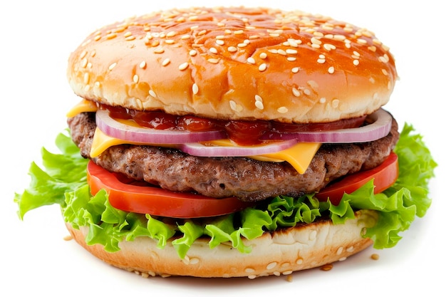 burger au fromage classique avec escalope de bœuf, légumes et oignons isolés sur fond blanc