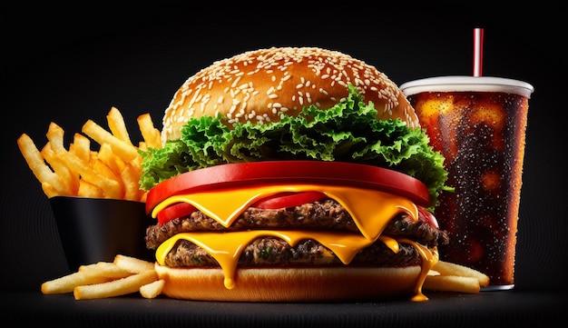 Burger de boeuf grillé avec frites fromage et tomate IA générative