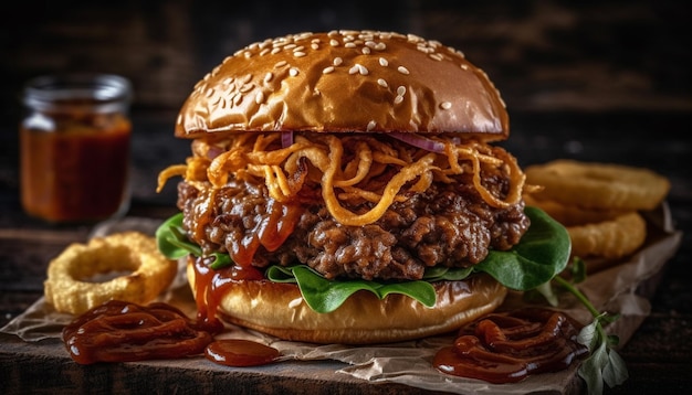 Burger de bœuf grillé sur pain rustique avec frites générées par IA