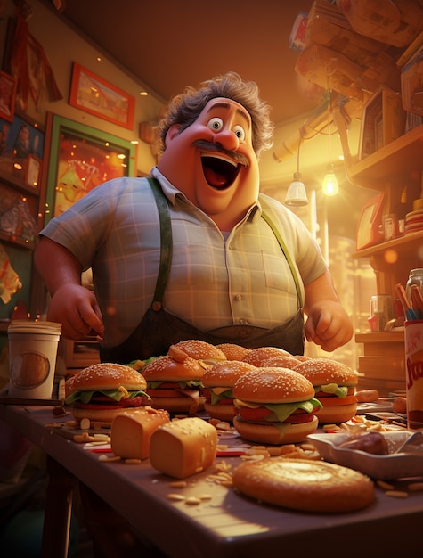 Burger délicieux 3D avec un homme excité